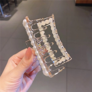 Elegant large rectangular acrylic hair claw clip with faux pearl trim for thick hair