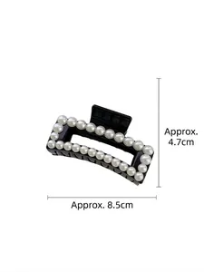 Elegant large black hair claw clip with double rows of pearls, size 8.5cm x 4.7cm