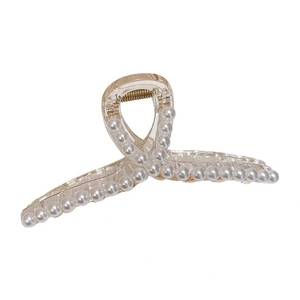 Pince à cheveux élégante en acrylique transparent avec double rangée de perles blanches