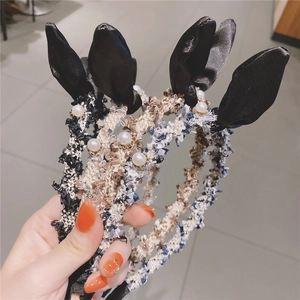 French Vintage Tweed Hairband For Women Elegant Satin Rabbit Ear Bow Headband With Artificial Pearl Sweet Girl Hair Accessories