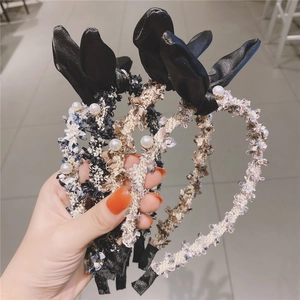 Tweed bunny ear headbands with pearls in black-blue and beige-brown woven fabric