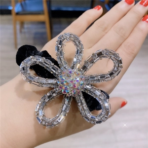 Sparkling crystal flower hair tie with silver rhinestones and velvet band for women