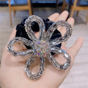 Sparkling crystal flower hair scrunchie with black velvet and colorful zircon stones