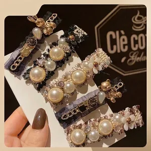 Pince à Cheveux en Tweed Style Français Avec Fausse Künstliche Perle Strass Alliage Ours Lapin Élégante Pince à Bec de Canard Bijoux Femme