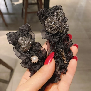 Elegant black lace hair clips set with heart crystal pearls and Loveme gold pendant charms