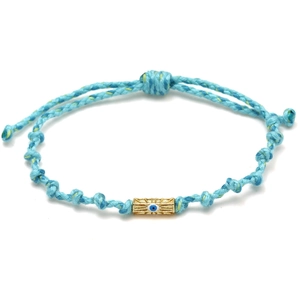 Detail showing hand-woven blue rope texture and golden evil eye bead on the bracelet