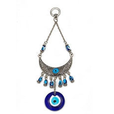 Detail view of Evil Eye charm featuring a crescent moon base and blue resin beads