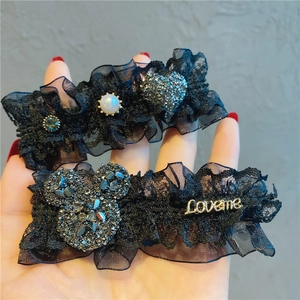 Gothic black lace hair clips with pearls, rhinestones, and heart charms for women