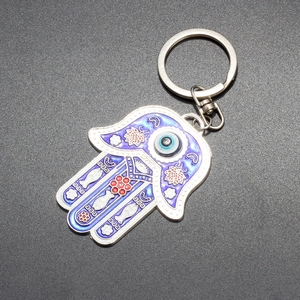 Turkish Blue Evil Eye Hamsa Hand Keychain with enamel finish and metal ring clasp