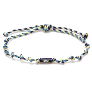 Detail view of woven tricolor rope bracelet with enamel evil eye hexagonal bead