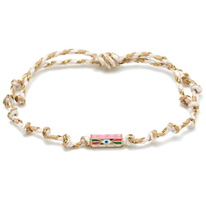 Close-up of hand-woven cord bracelet featuring pink enamel evil eye charm with gold accents