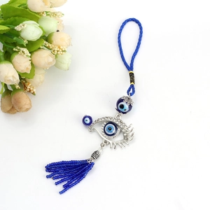 Turkish Evil Eye hanging charm with blue glass beads and silver rhinestone frame