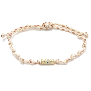 Detailed macro view of Evil Eye charm on beige hand-woven rope bracelet for men and women