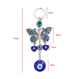 Detailed dimensions of butterfly evil eye keychain with blue glass beads and alloy charms