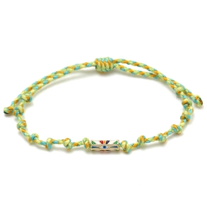 Handmade woven rope bracelet with colorful enamel Evil Eye charm and golden metal base
