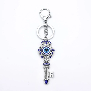 Zinc alloy evil eye key-shaped keychain with blue rhinestones and lobster clasp