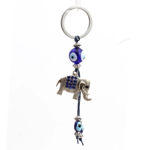 Silver elephant evil eye keychain with blue rhinestones and glass beads accessory