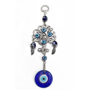 Evil eye tree of life wall hanging with blue beads and silver alloy charms decoration