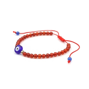 Adjustable red beaded garnet bracelet with protective evil eye charm and gold metal bead