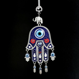 Turkish Evil Eye and Hamsa Hand wall hanging with blue enamel and silver metal charms