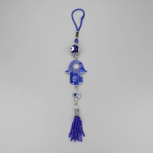 Blue Hamsa Hand Evil Eye wall hanging with beaded tassels and silver metal frame decor