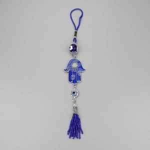 Blue Evil Eye Hamsa Hand wall hanging with beads and tassel for home decor