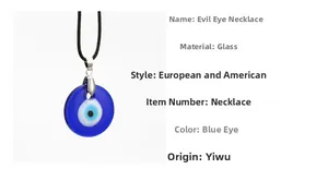 Detail of blue glass Evil Eye pendant with black leather cord and silver clasp