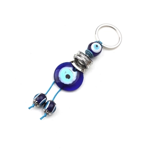 Porte-clés œil maléfique bleu avec perles en verre et breloques en alliage d'argent