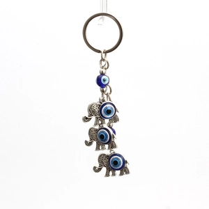 Porte-clés éléphant porte-bonheur avec œil bleu maléfique et pendentifs éléphant en argent