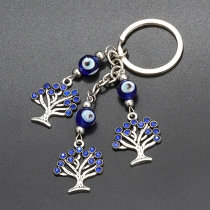 Blue Evil Eye keychain with Tree of Life charms and silver metal ring for bags