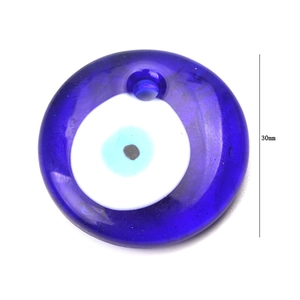 Detailed macro view of a 30mm blue glass evil eye charm with pre-drilled DIY hole
