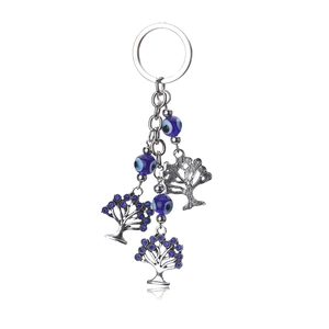 Silver Evil Eye and Tree of Life keychain with blue beads and lucky charms for bags