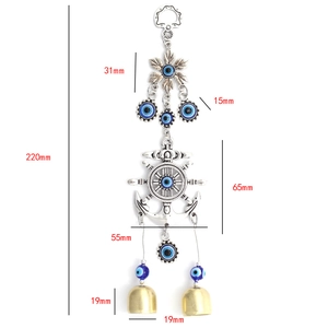 Detail showing dimensions of an evil eye anchor wind chime with bells and nautical motifs