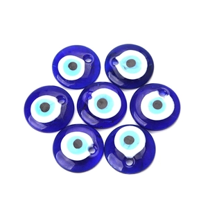 Blue glass Evil Eye flat round charm beads for DIY necklace and jewelry making