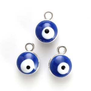 Three blue enamel Evil Eye charms with silver metal borders for DIY jewelry crafting