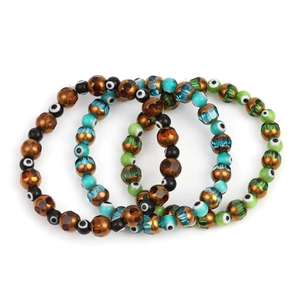 Three-piece bohemian evil eye beaded bracelet set with blue and green crystal glass beads