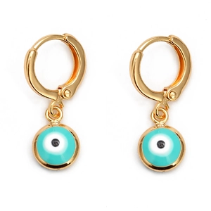 Golden hoop earrings with blue Evil Eye charm, retro style fashion jewelry for women