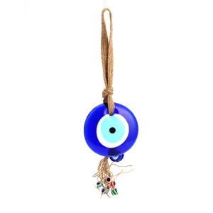 Blue glass evil eye wall hanging with colorful beads and natural jute rope decor