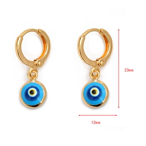 Detailed dimensions of 23mm gold hoop earrings with a 12mm blue evil eye pendant charm