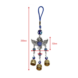 Retro owl evil eye wall hanging ornament with blue beads and brass bells, 250mm length