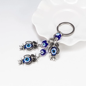 Silver owl evil eye keychain with blue beads for bags and automotive accessories