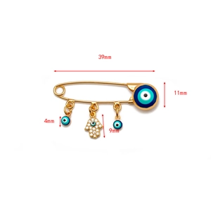 Detail view of the evil eye safety pin brooch with precise size measurements in millimeters