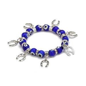 Bracelet en perles œil bleu avec breloques fer à cheval en argent et cristaux brillants