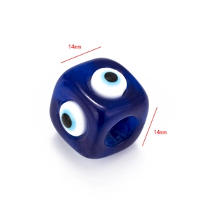 Detail of a 14mm blue cubic Evil Eye glass bead with centered hole for DIY jewelry making