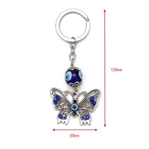 Blue Evil Eye butterfly keychain with crystals for bags and car decor 120mm length