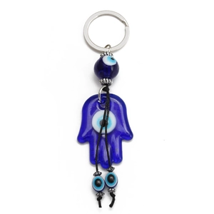 Schlüsselanhänger mit Hand der Fatima und blauem Glas-Auge an silbernem Ring