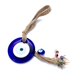 Blue glass evil eye wall hanging ornament with braided rope for home and car decor