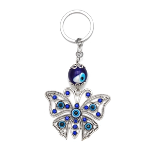 Butterfly Evil Eye Keychain Alloy Rhinestone Nazar Amulet Bag Charm Car Hanging Ornament For Women Men Jewelry
