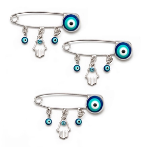 Silver Evil Eye and Hamsa Hand charm safety pins set for protective jewelry decoration