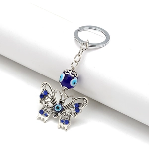Detail of evil eye butterfly keychain with blue crystals and polished silver metal plating